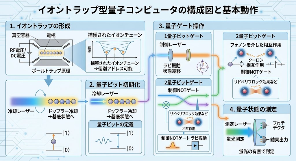 イオントラップ型量子コンピュータ動作原理