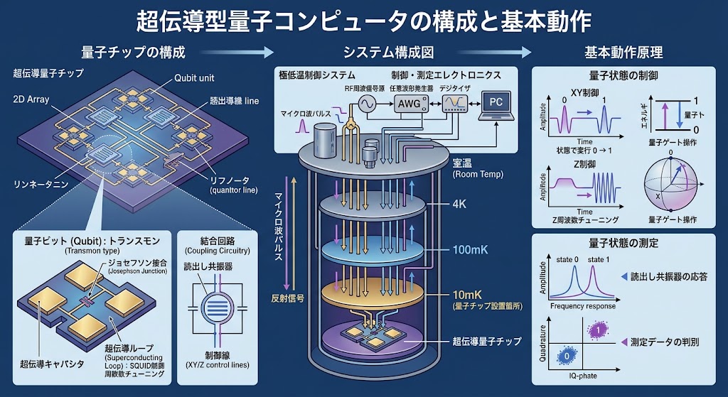 超伝導型量子コンピュータの構成と動作原理