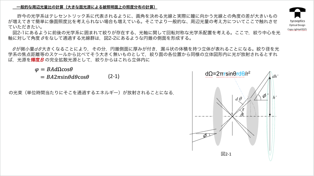 一般的な周辺光量比の計算(大きな面光源による被照明面上の照度分布の計算)